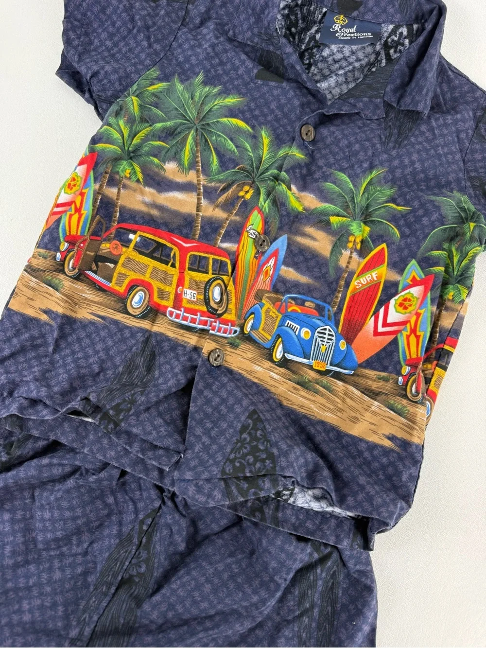 Vintage Royal Creations Made in Hawaii Kids Hawaiian Shirt Shorts Set Woodie Car